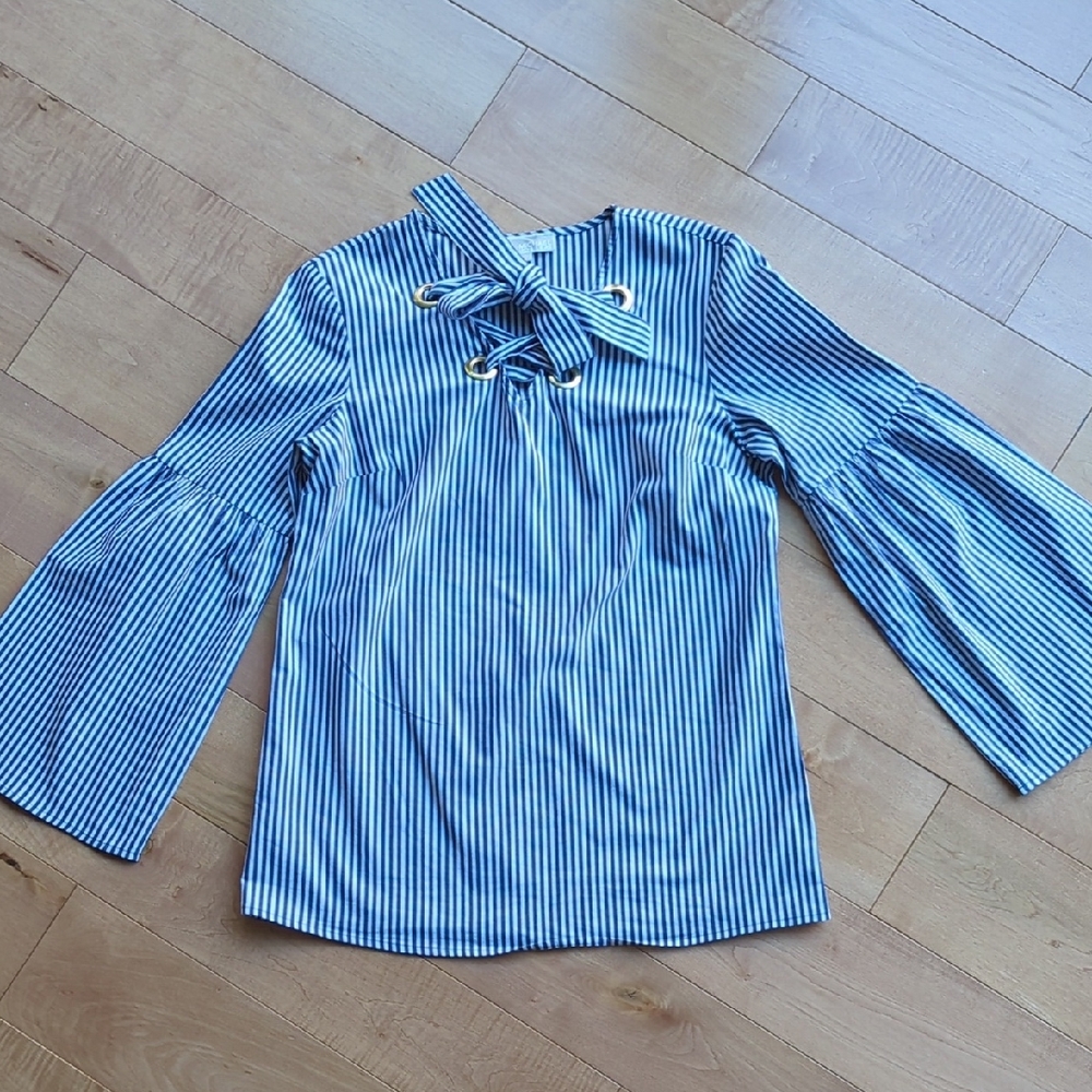 Michael Kors Blue Striped Blouse with Bow Detail
